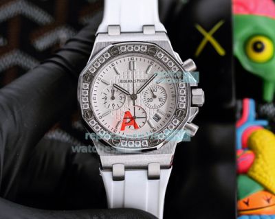 Copy Audemars Piguet Royal Oak Offshore Watch White Dial Diamond Bezel White Rubber Strap